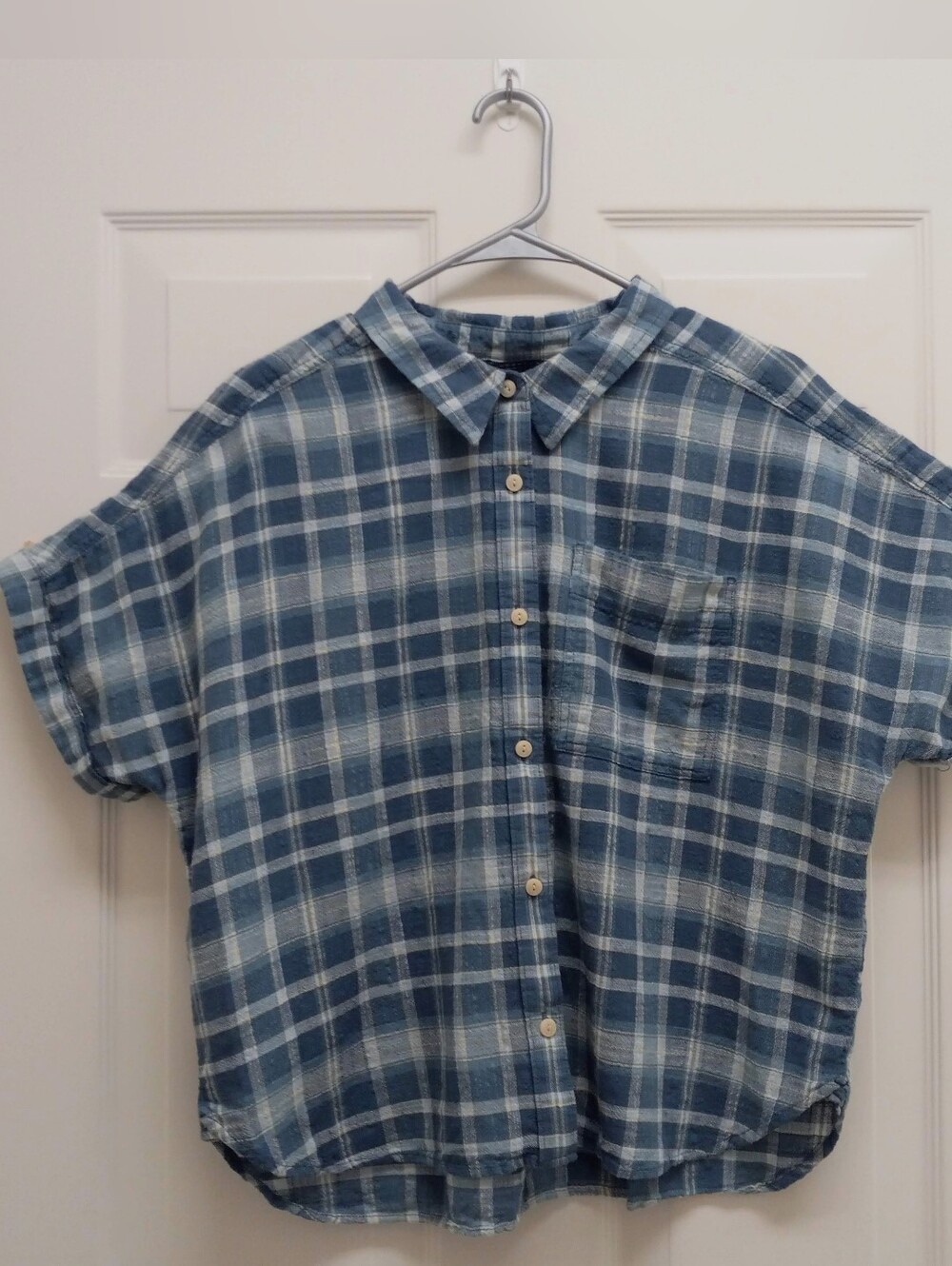 L.L. Bean Day Breeze Plaid Button Front Top Blue Large Boxy Cottagecore Coastal